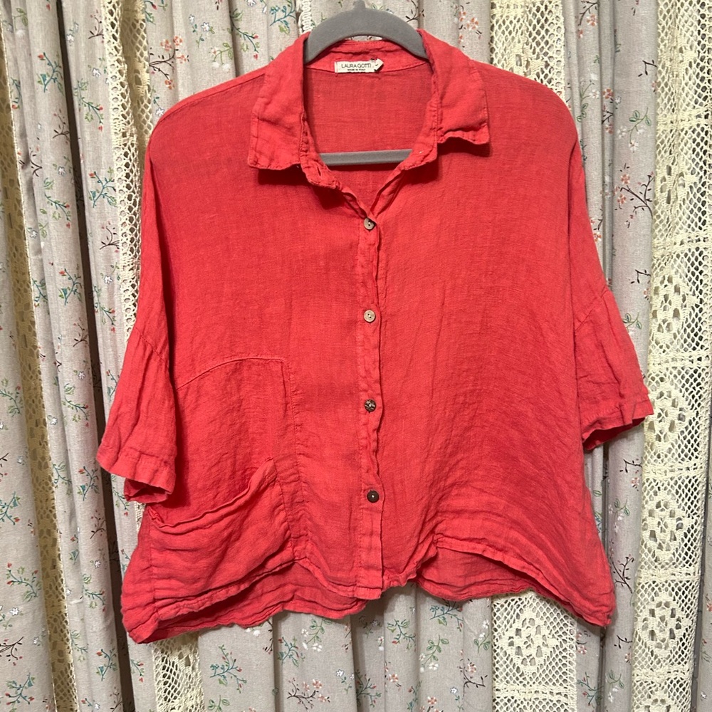 Laura Gotti Italian‎ Linen Button Up Blouse Coral Size Large EUC